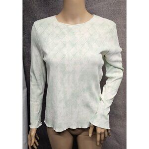 LOVE SHACK FANCY M GREEN IVORY TIE DYE LETTUCE POINTELLE HEARTS L/S TOP TEE